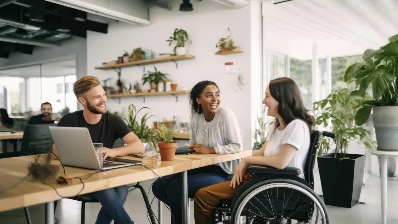 Casual office video scene with diverse colleagues at a table, captured from a low angle