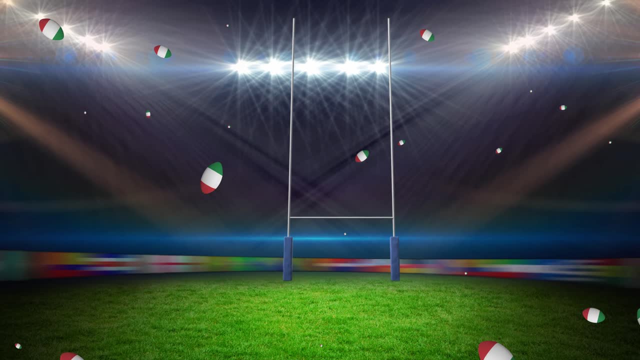 Animation of rugby balls coloured with flag of italy at stadium