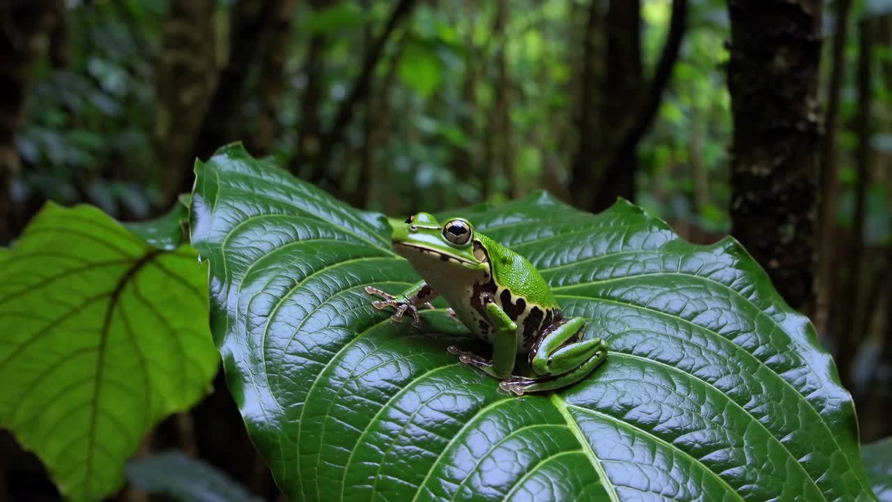 Close-up video shot of a vibrant green frog on a large leaf in a lush forest, captured from a low