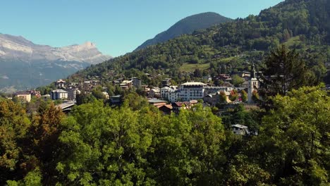 Flying-downwards-hiding-an-alpine-village-behind-a-tree