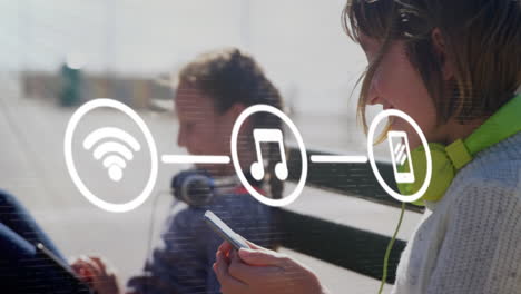 red de iconos de conexión contra niñas y niños que usan tabletas digitales y teléfonos inteligentes