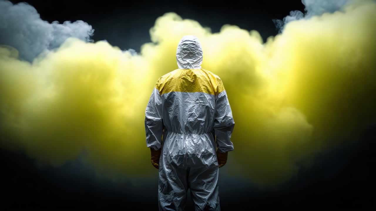 Una figura misteriosa con equipaggiamento protettivo si erge in mezzo a una nuvola vorticosa di fumo colorato, creando un'atmosfera inquietante e accattivante in un'ambientazione cinematografica.