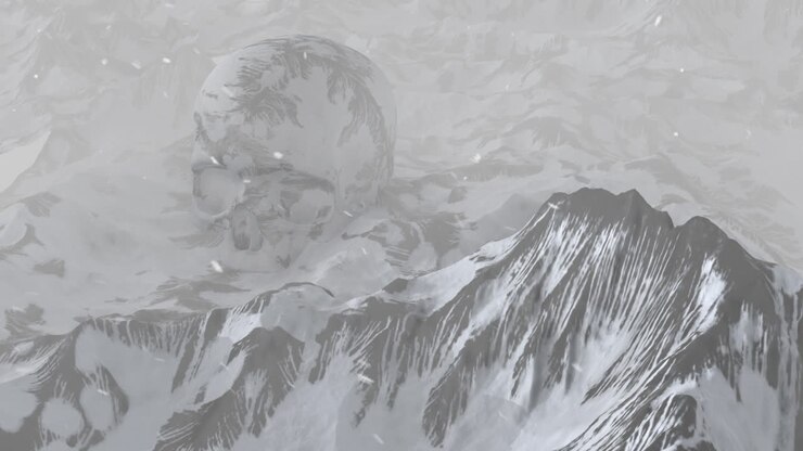 A giant skull emerges from a snowy mountain range
