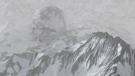 a giant skull emerges from a snowy mountain range