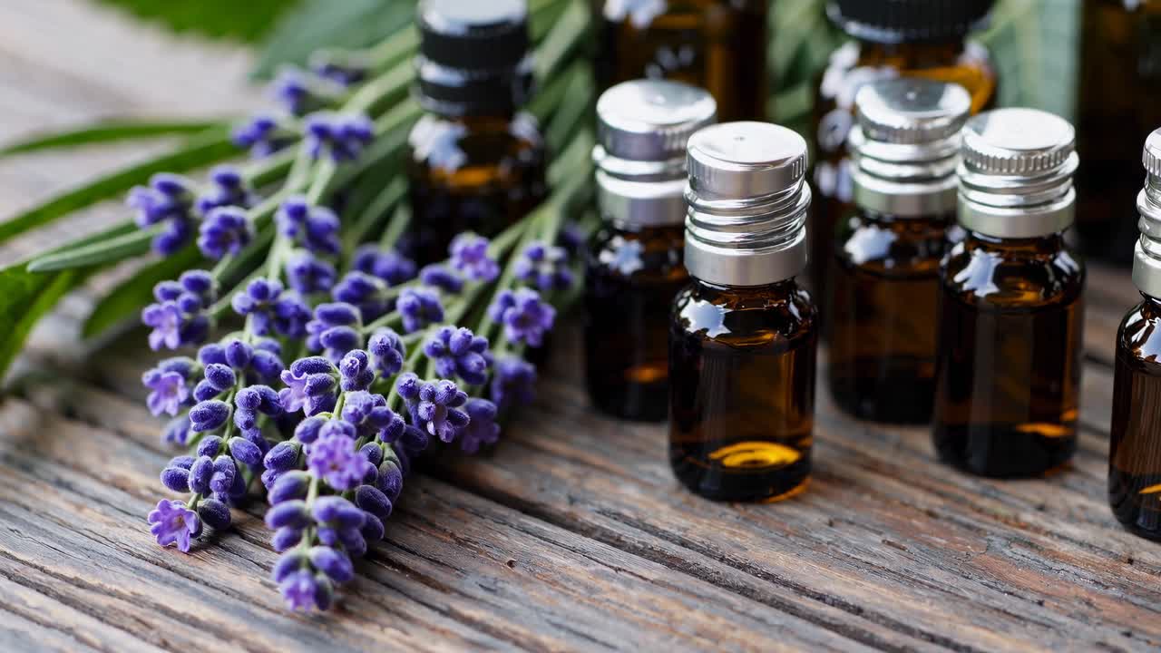Naturlige æteriske olier i ravfarvede flasker med frisk lavendel