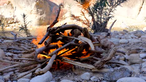 Ein-Holzlagerfeuer-Im-Freien,-Das-In-Der-Natürlichen-Umgebung-Der-Wildnis-Neben-Einem-Süßwasserfluss-Auf-Felsigem-Gelände-Brennt