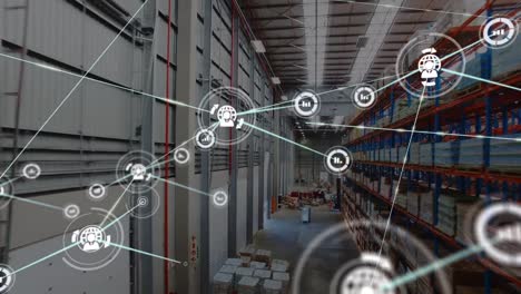 animation of network of connections over empty warehouse