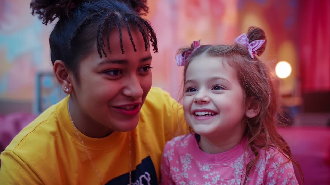 Starting teenage sister leaning in at playroom, speaking and bonding with giggling sister near lamp