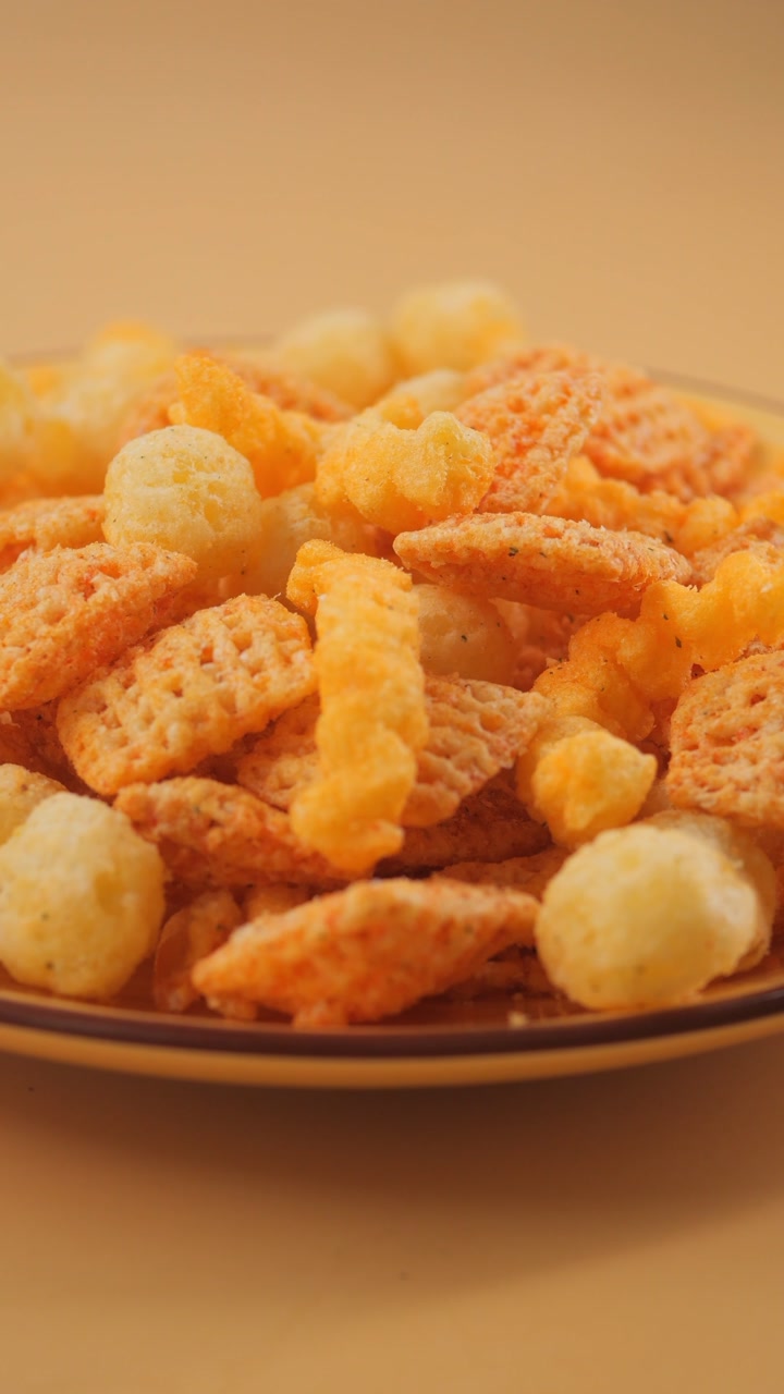 Assortment of Crunchy Cheese Snacks on a Yellow Plate