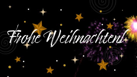 frohe weihnachten! text animation over stars and fireworks on black background