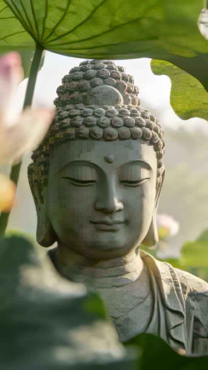 Video verticale: Fiore di loto che galleggia nel vento verso uno stagno, nascondendo un Buddha di pietra sotto una foglia di loto.