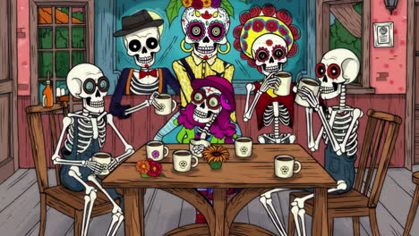 calavera skeletons enjoying coffee in a cafe