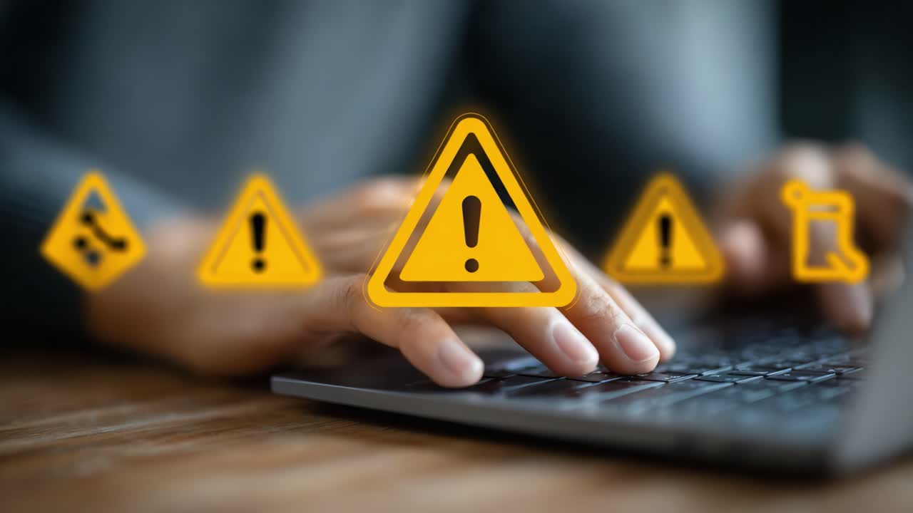 A User Engaged in Typing While Surrounded by Warning Signs, Indicating Potential Issues or Alerts on the Screen, Highlighting Digital Caution and Awareness in Technology Use