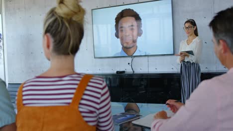 front view of young caucasian female executives giving presentation during video conference 4k