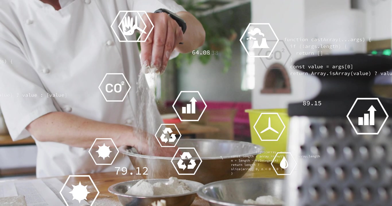 Cocinera tomando masa de un cuenco para hornear, con iconos hexagonales multiplicándose sobre sus manos.
