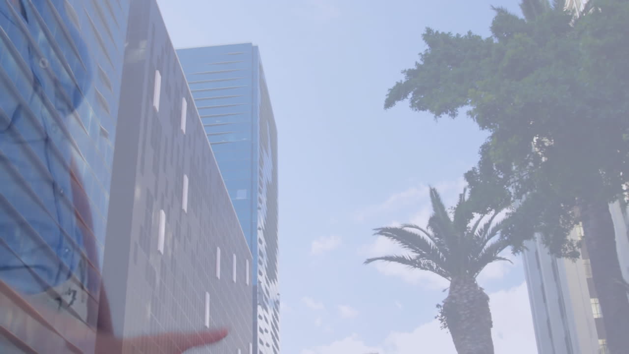 Cityscape with modern buildings and palm tree, urban development animation