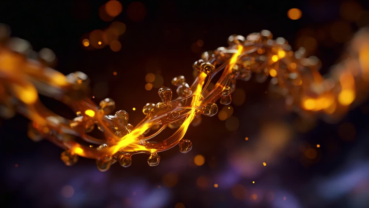 Affascinante illustrazione astratta di un'elica lucente e contorta con particelle luminose su sfondo scuro, che cattura l'essenza della bellezza molecolare