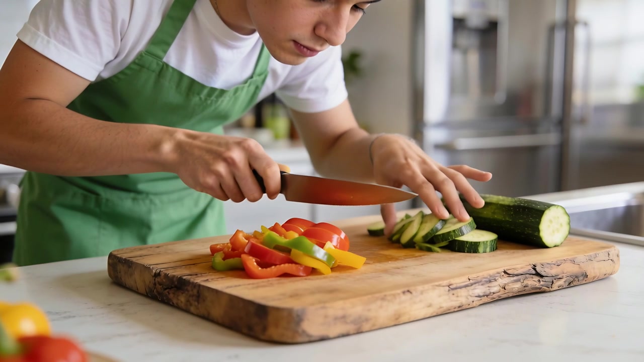 Cuoco con grembiule verde chinato che affetta peperoni e taglia zucchine su un tagliere di legno con un coltello per cena.