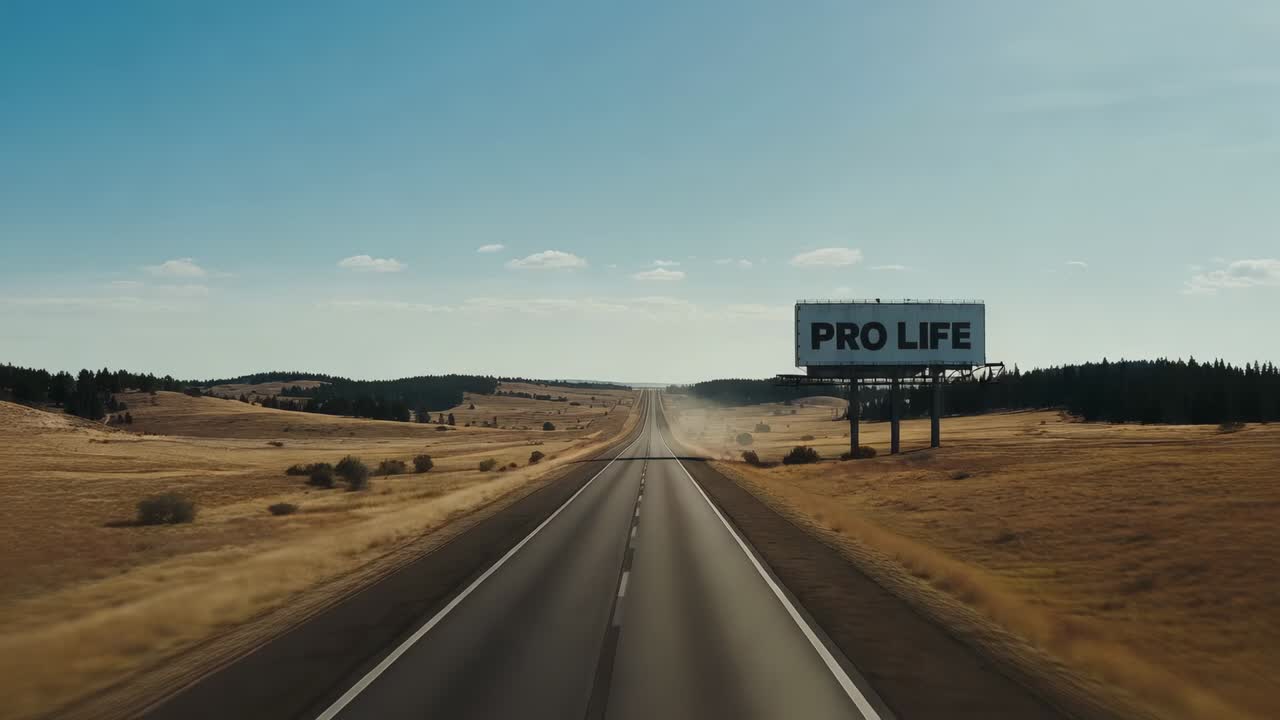 Sporingskamera, der bevæger sig fremad langs en tosporet vej gennem en gylden slette, og nærmer sig et PRO LIFE-skilt