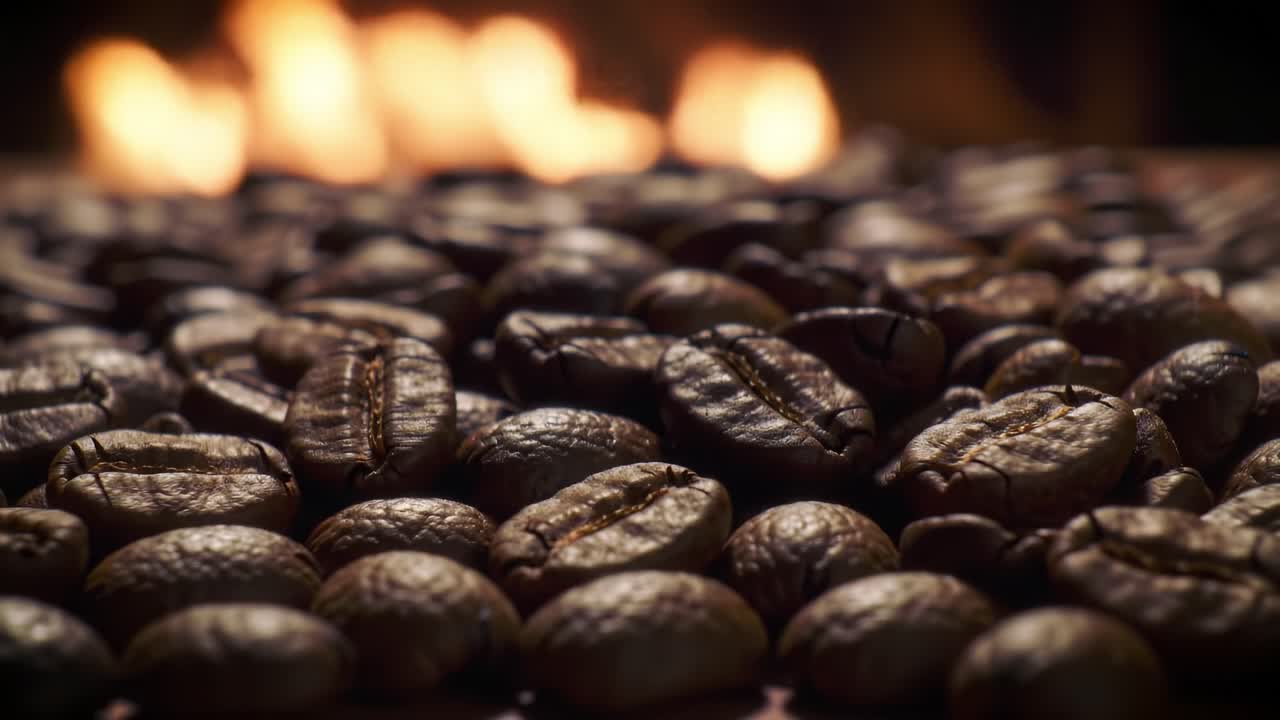 Captivating Close-up of Roasted Coffee Beans Spread Across a Wooden Surface with Glowing Flames in the Background, Creating a Warm and Inviting Atmosphere