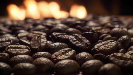 captivating close-up of roasted coffee beans spread across a wooden surface with glowing flames in the background, creating a warm and inviting atmosphere