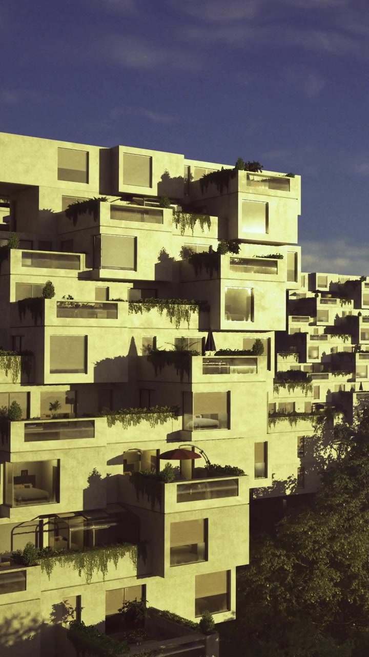 Architettura moderna che mostra una vegetazione rigogliosa in un contesto urbano al tramonto.