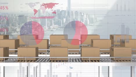 animation of statistics processing over cardboard boxes on conveyor belts