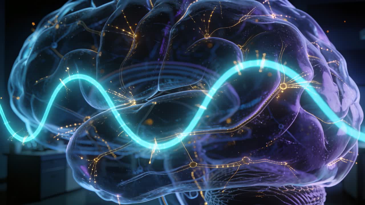Pulsating translucent brain lighting nodes as turquoise wave enters right in lab propagating signal