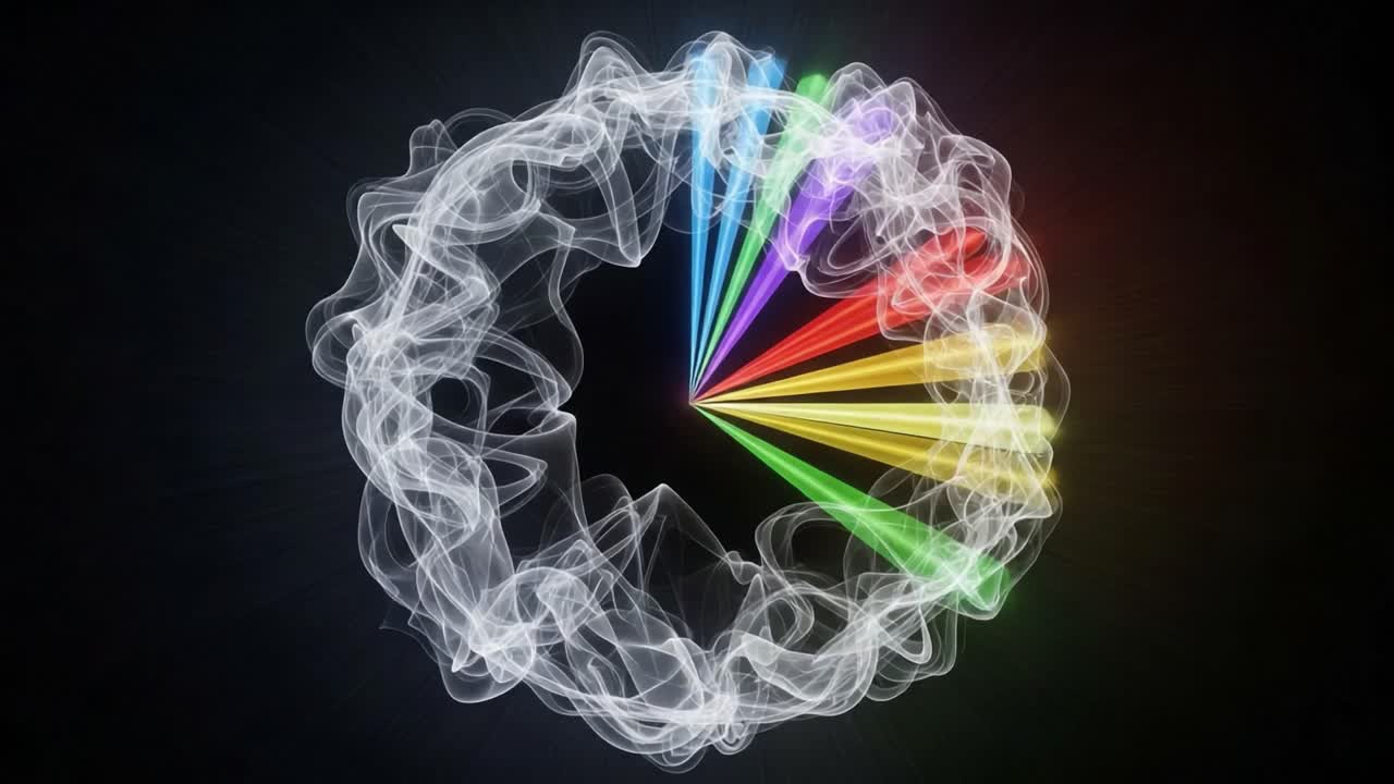 A Vibrant Display of Colorful Light Beams Emerging from a Misty Circular Form, Emphasizing the Contrast Between Ethereal Smoke and Bright Hues