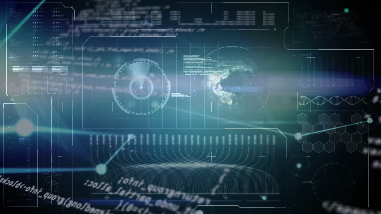 Animace futuristického digitálního rozhraní s daty a překrytím kódování mapy světa