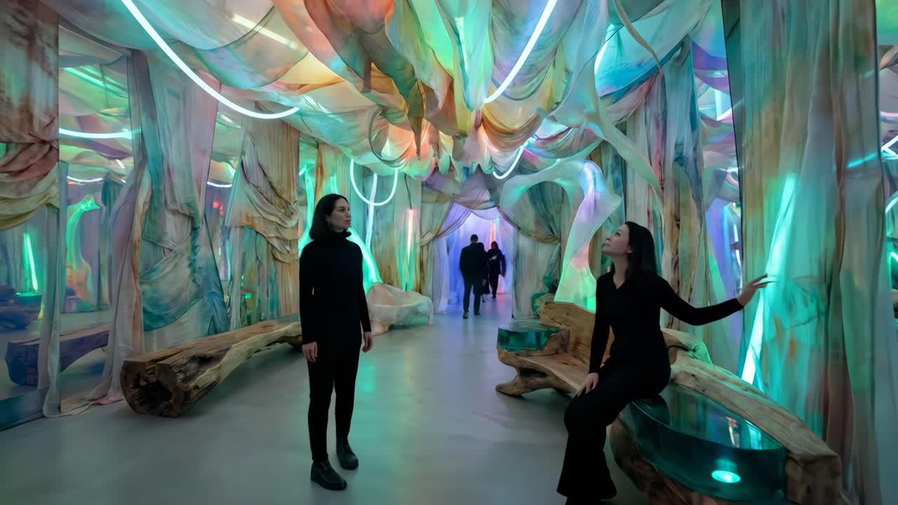Des gens interagissent avec une installation artistique futuriste composée de tissus colorés et de lumières.