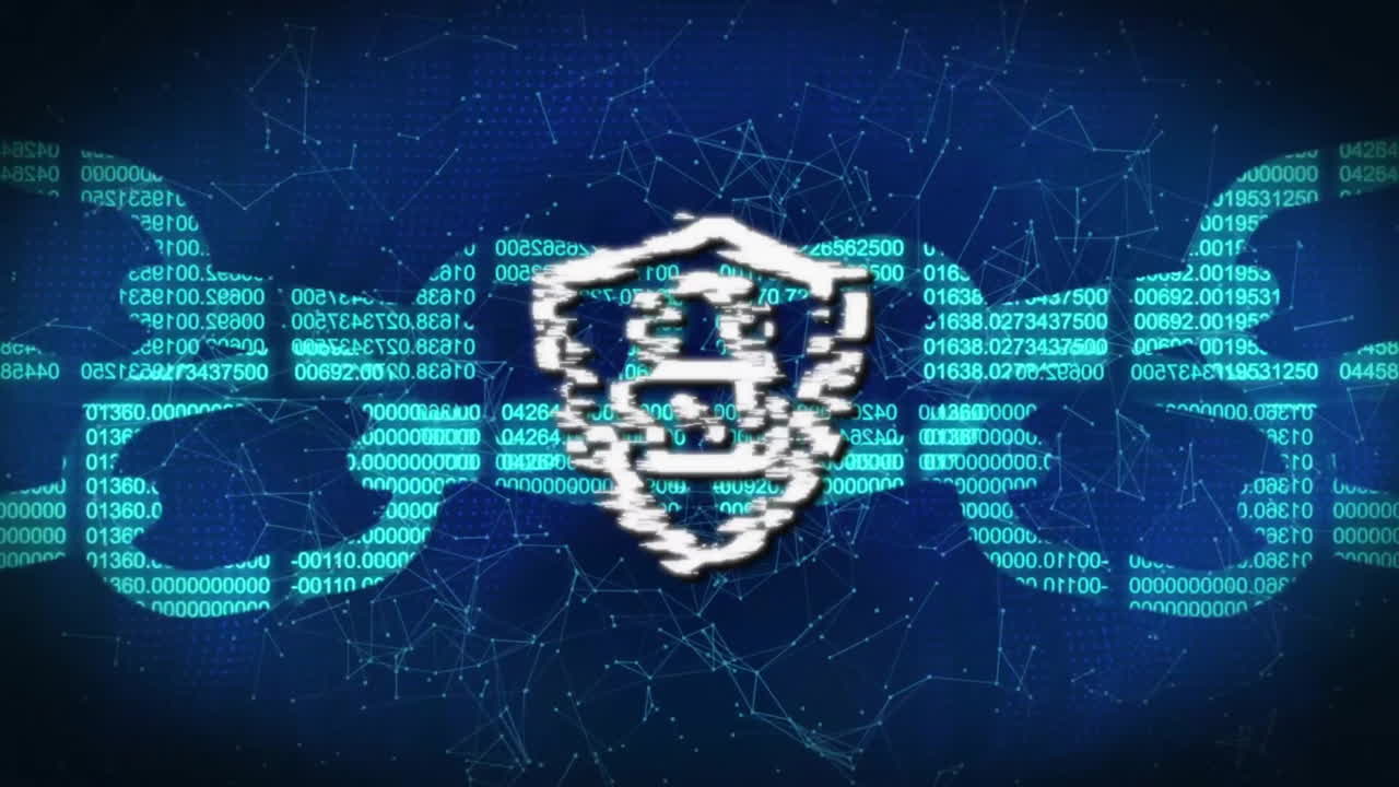 Animation of padlock, chain and data processing over dark background