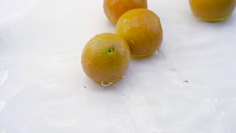 slomo of oranges in water on white backdrop