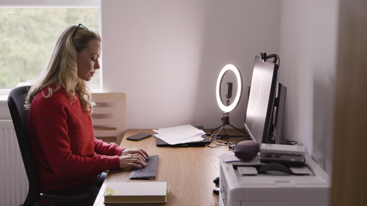 Woman working at desk in home office
