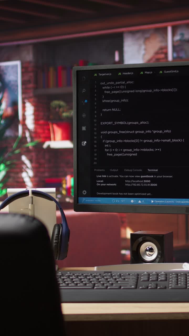 Vertical video Development console visible on computer screen in modern apartment