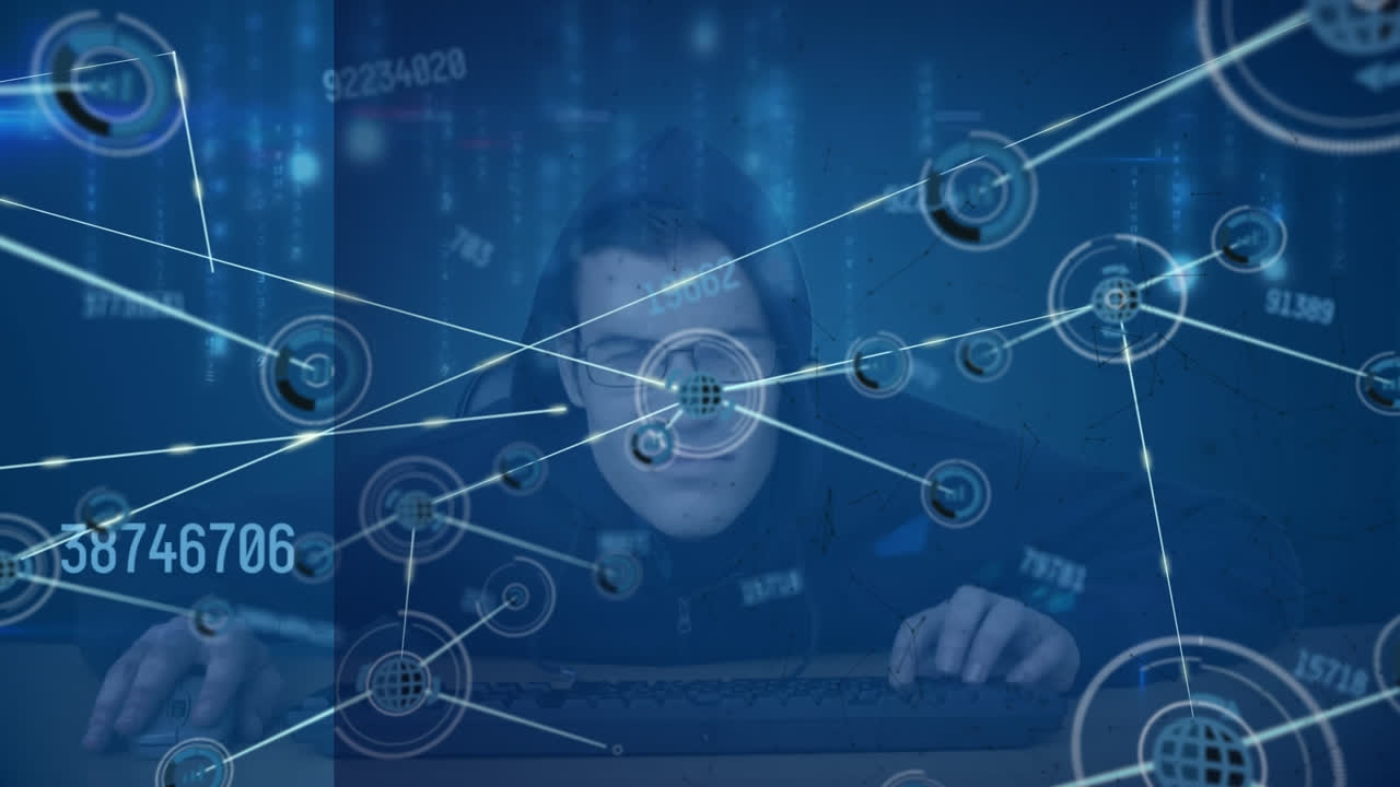 animación de la red de conexiones con números sobre hacker caucásico masculino