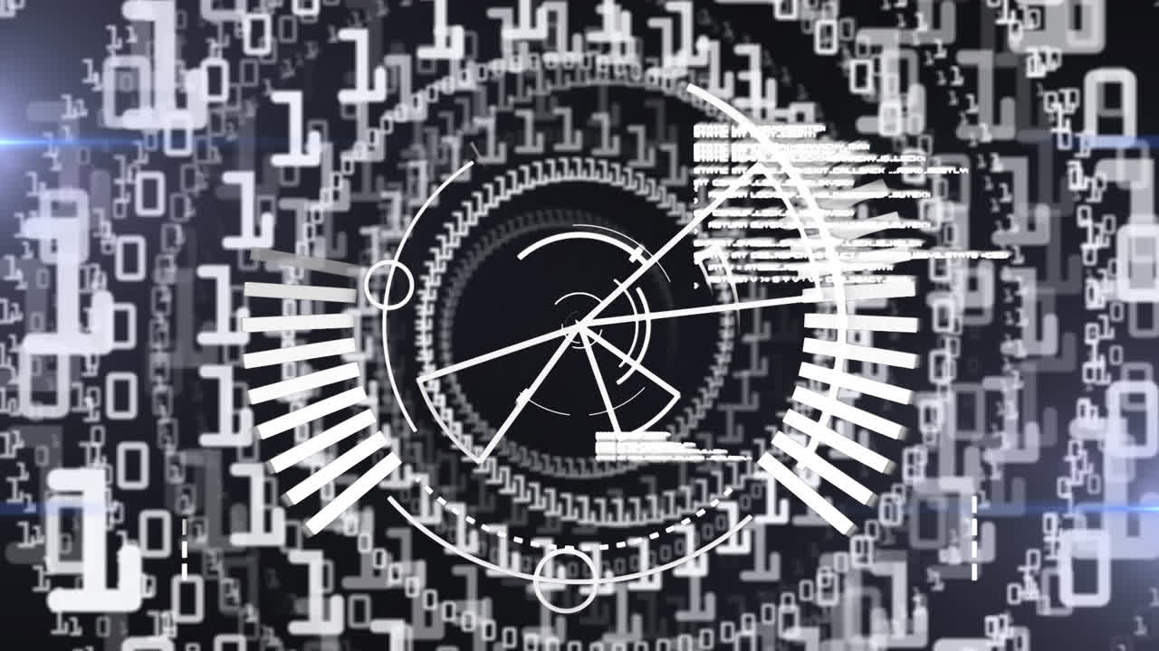 Animation of multiple circles made of numbers with shapes spinning data and information