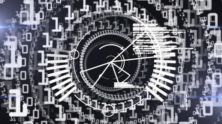 Animation of multiple circles made of numbers with shapes spinning data and information