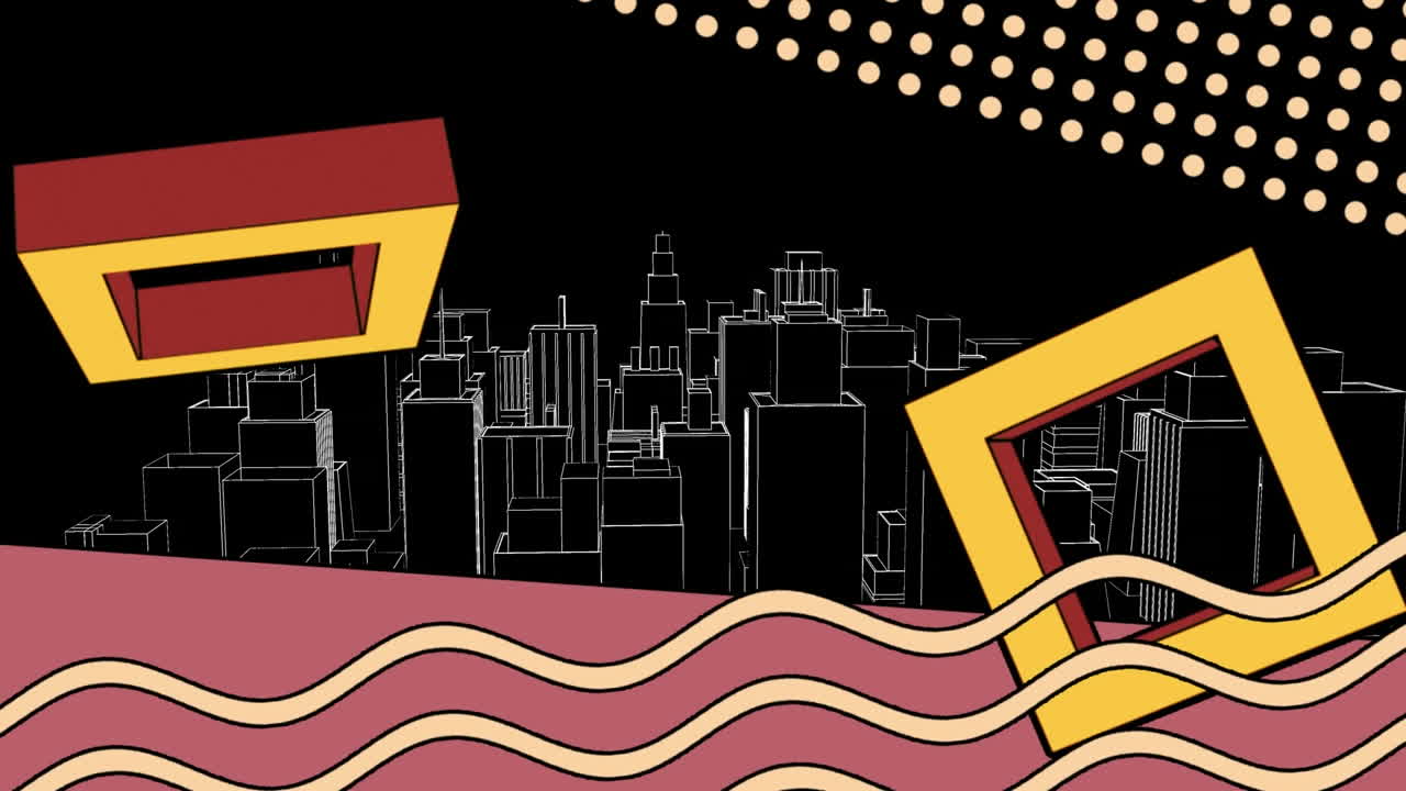 검은 바탕에 3d 도시 그림 위에 추상적인 모양의 애니메이션