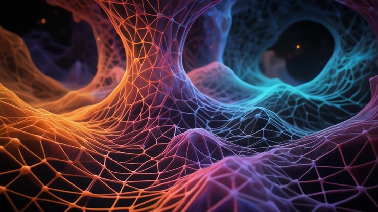 Abstract Digital Network Landscape with Glowing Orange and Blue Nodes