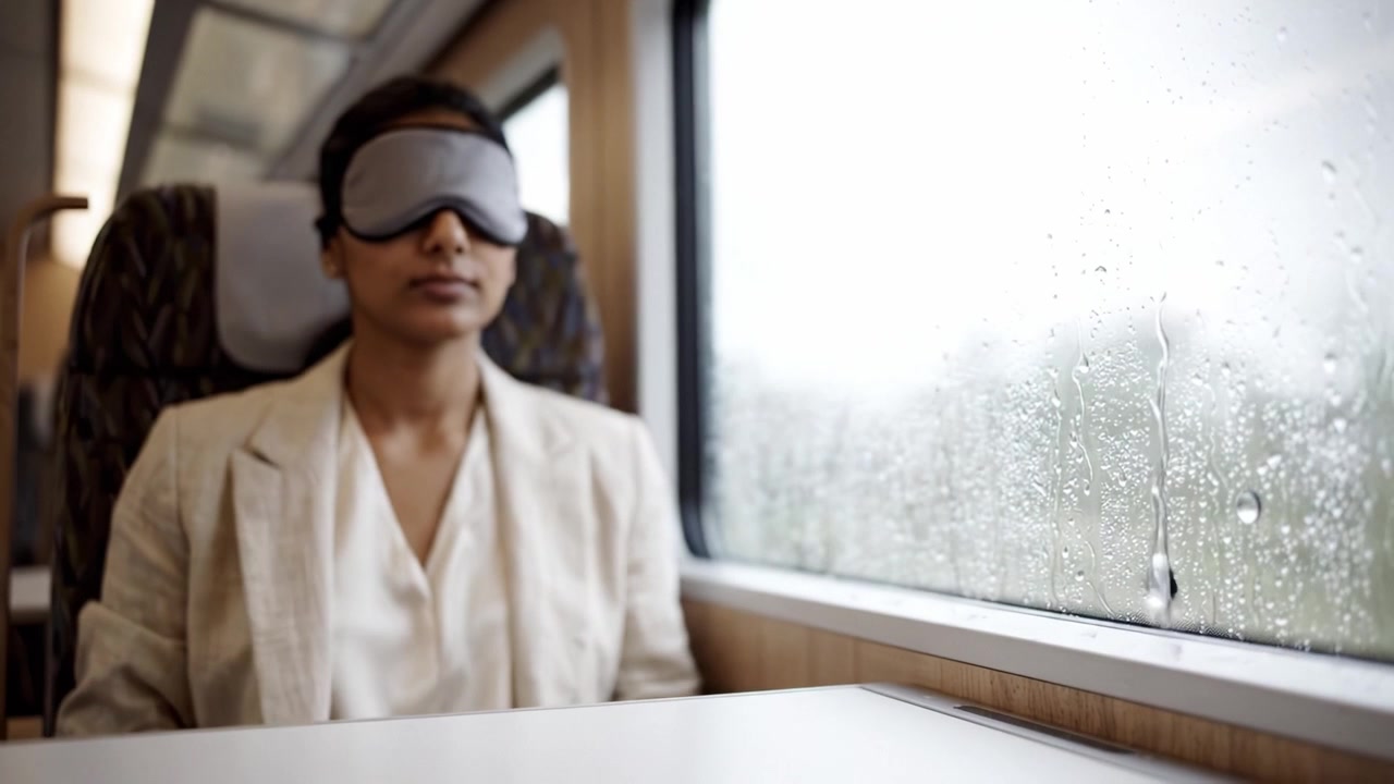 Un viaggio tranquillo: Una donna con maschera per dormire si rilassa durante un viaggio in treno sotto la pioggia, assaporando momenti di pace tra la frenesia e l'incertezza della vita.