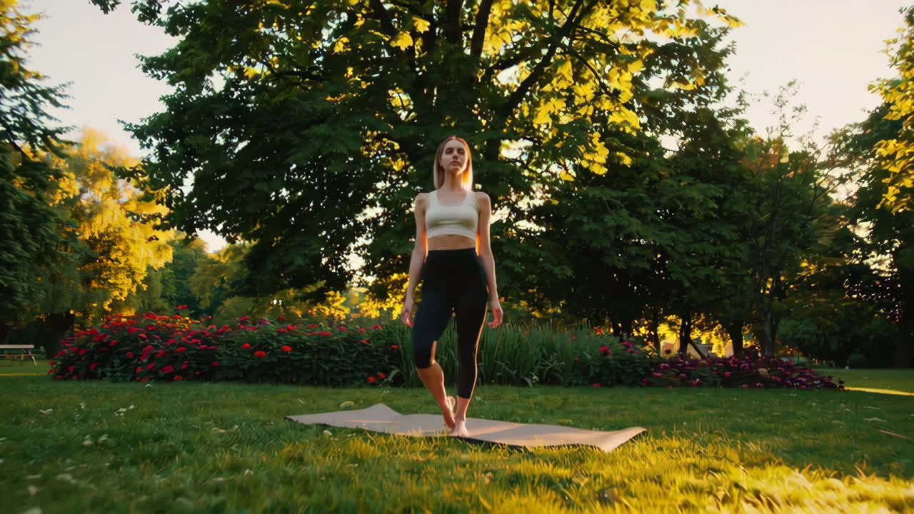 mujer practicando yoga en un parque al atardecer