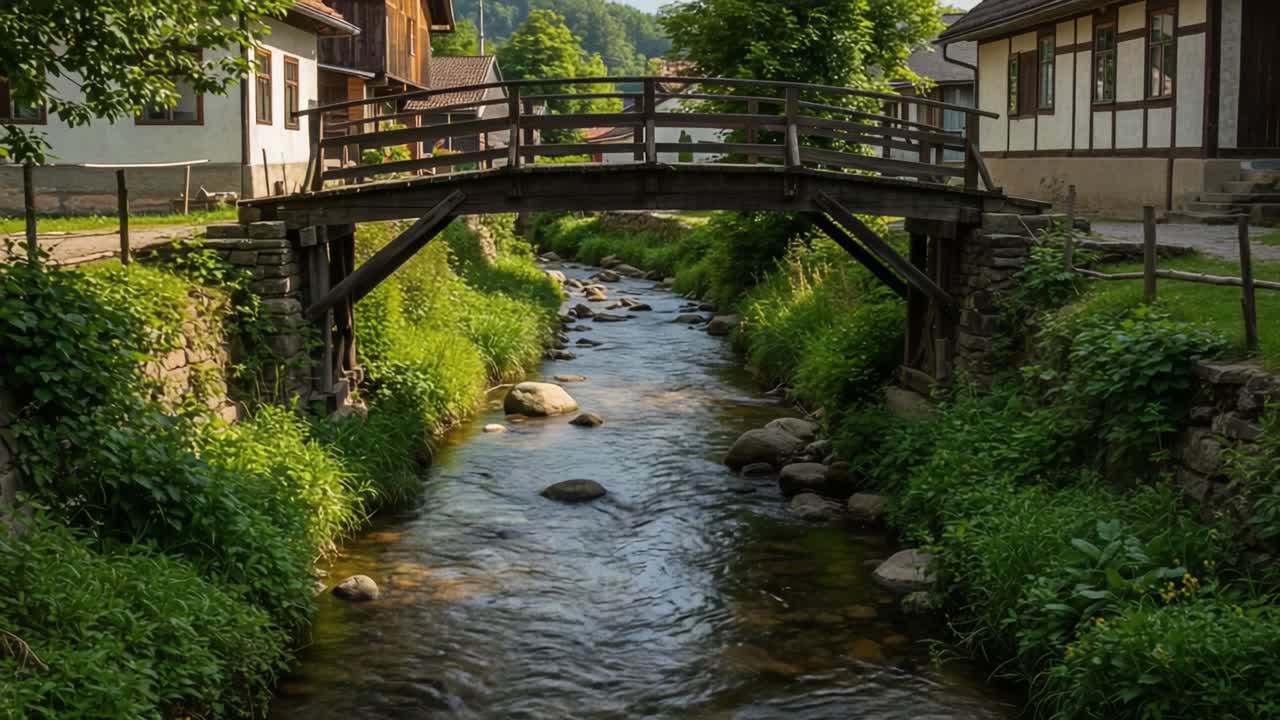 Scenic View of a Charming Footbridge Over a Tranquil Stream Surrounded by Lush Greenery and Quaint Houses in a Peaceful Rural Setting