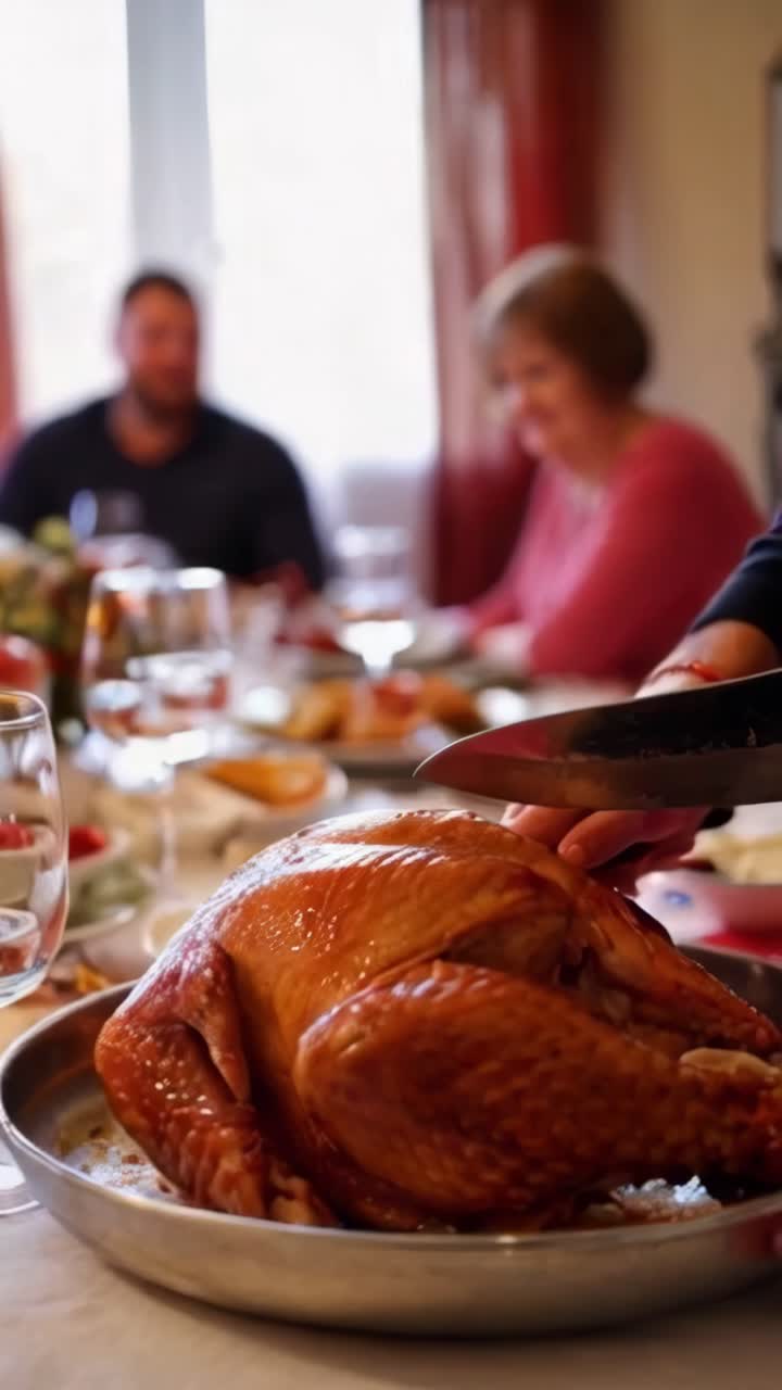 A man is cutting a turkey at a table with other people. Scene is festive, Thanksgiving dinner