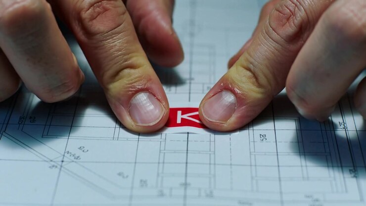Placing hands aligning and pressing sticker onto blueprint on desk to mark location with red square