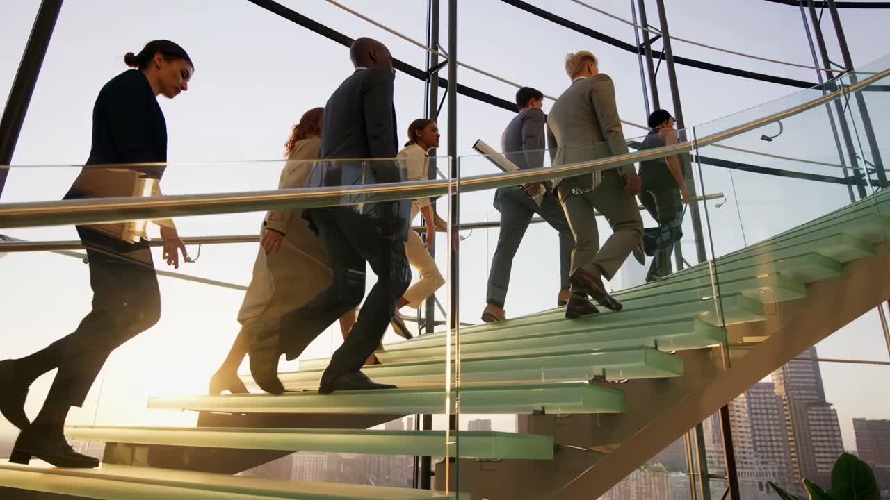 Video con angolazione bassa di diversi professionisti che salgono una moderna scala in vetro in un ufficio