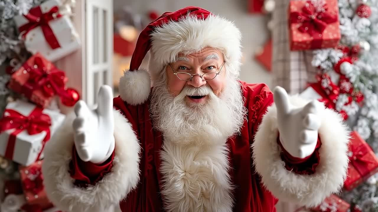 A man dressed as Santa Claus giving a thumbs up in front of a Christmas tree