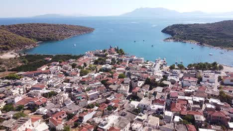 Seaside-Town-Palaia-Epidavros-in-Argolis,-Peloponnese,-Greece---Aerial-Reverse