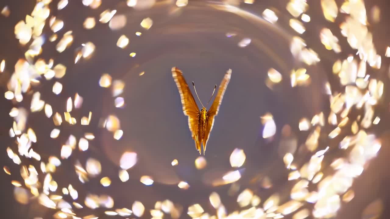 A close-up video shot of a golden butterfly surrounded by swirling bokeh lights, creating a magical