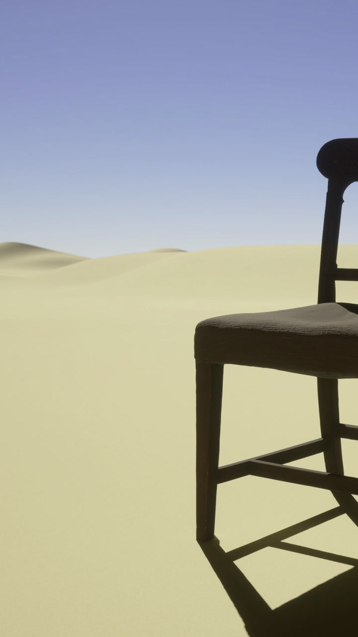 Desolate chair standing alone in endless golden sand dunes under a clear sky